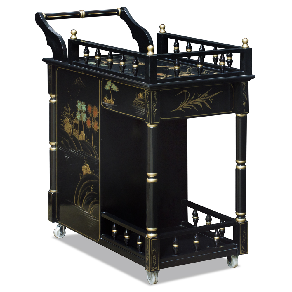 Black Lacquer Chinoiserie Scenery Chinese Tea Cart