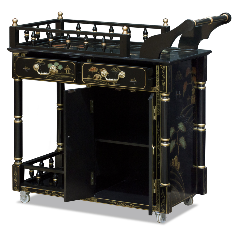 Black Lacquer Chinoiserie Scenery Chinese Tea Cart