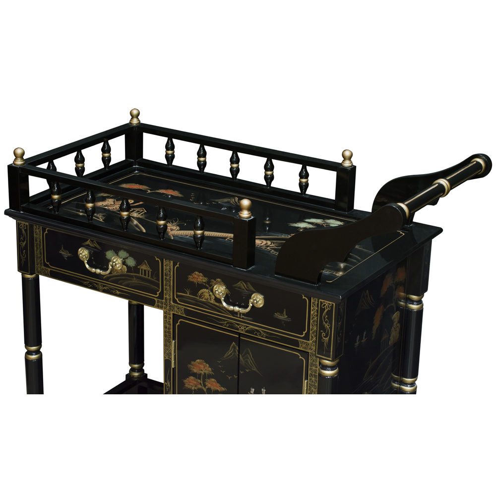 Black Lacquer Chinoiserie Scenery Chinese Tea Cart