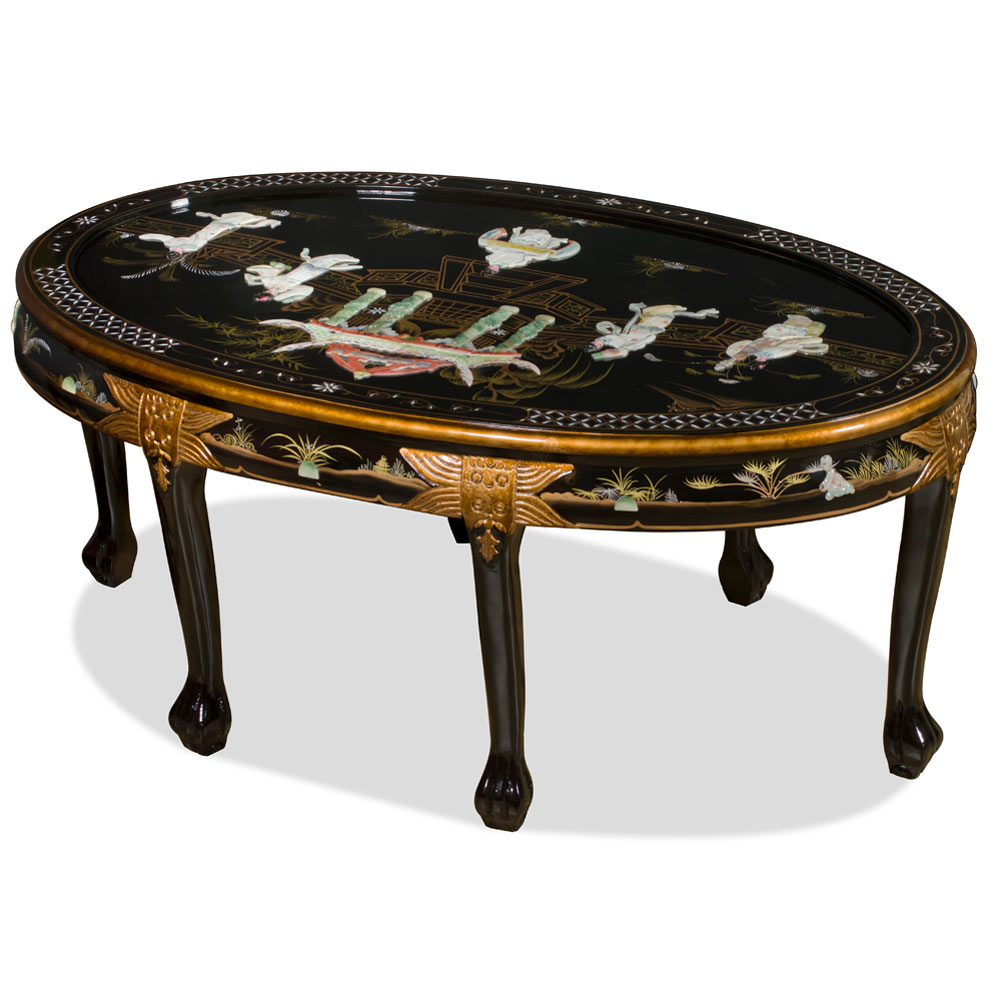 Black Lacquer Mother of Pearl Oval Coffee Table Set