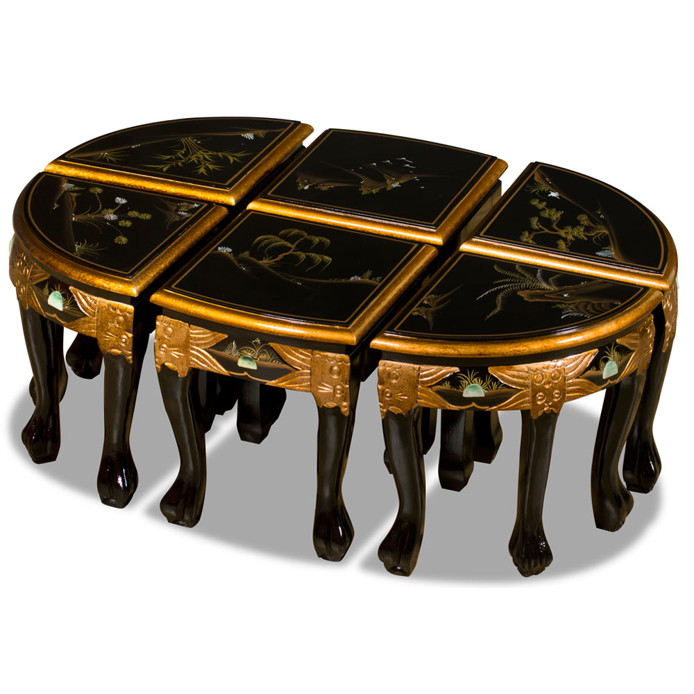 Black Lacquer Mother of Pearl Oval Coffee Table Set