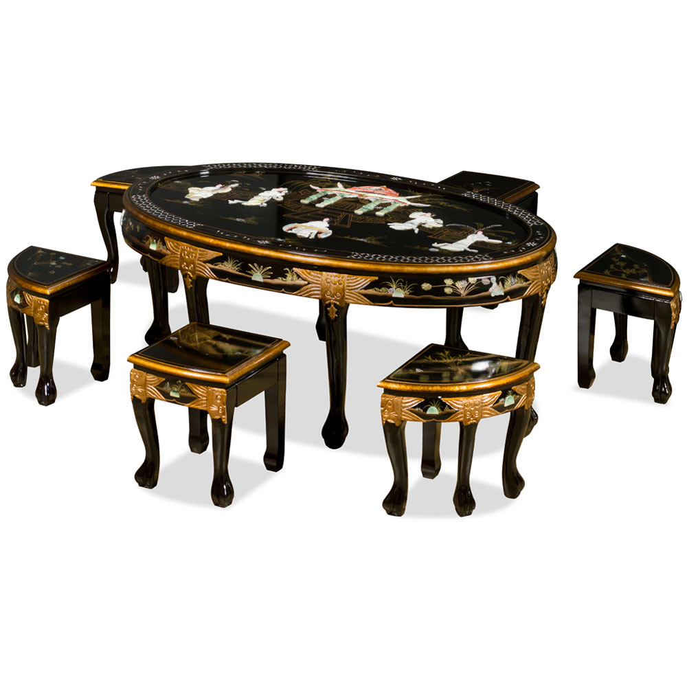 Black Lacquer Mother of Pearl Oval Coffee Table Set