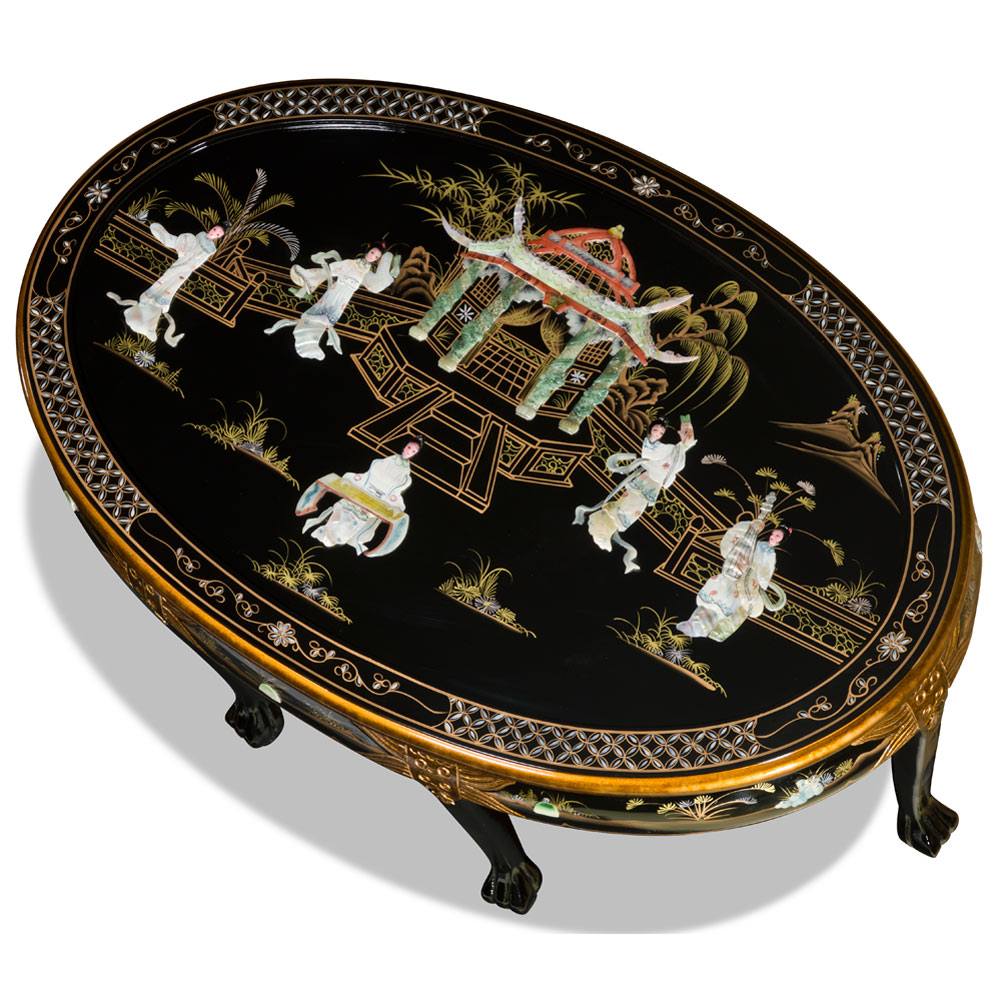 Black Lacquer Mother of Pearl Oval Coffee Table Set