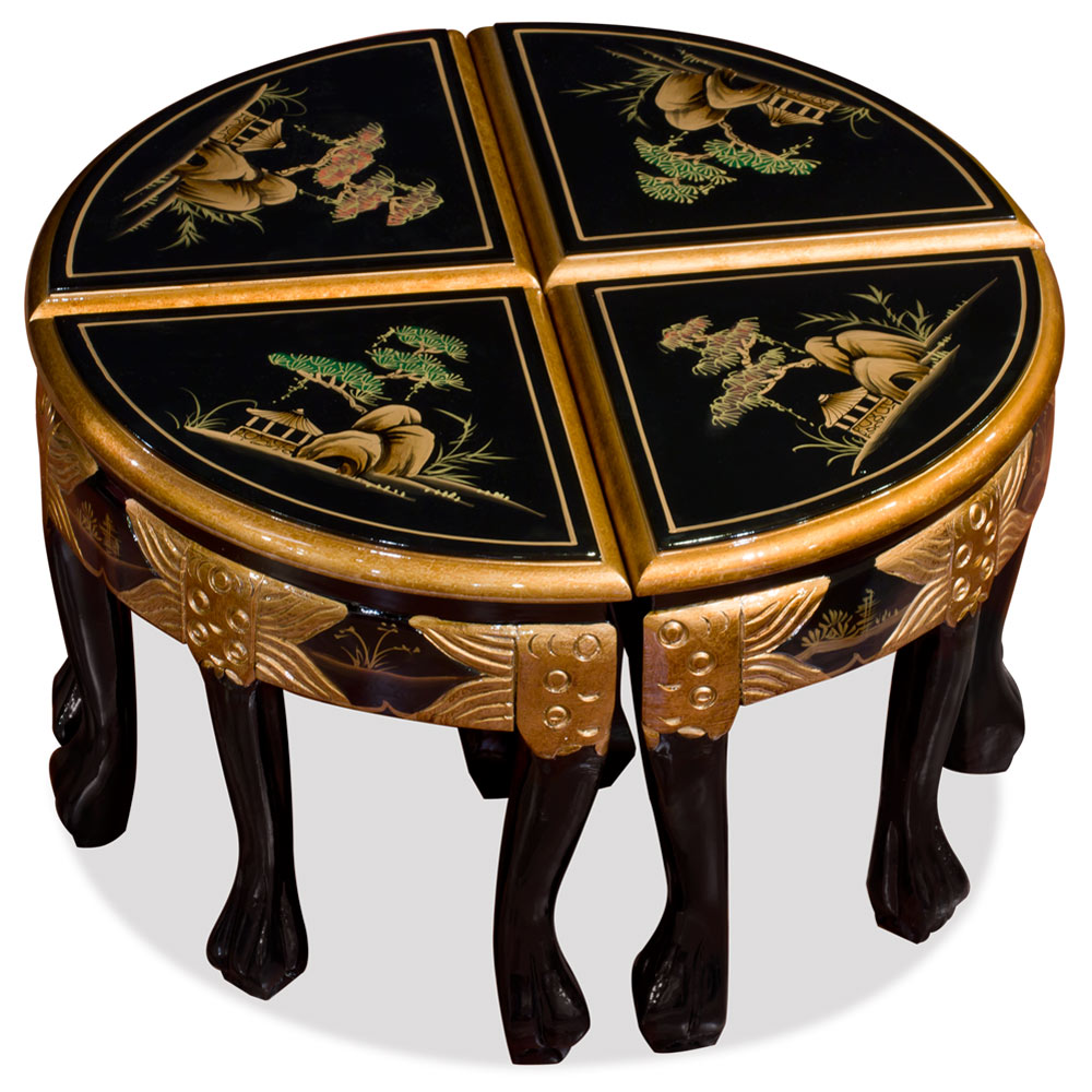 Black Lacquer Chinoiserie Round Asian Coffee Table Set