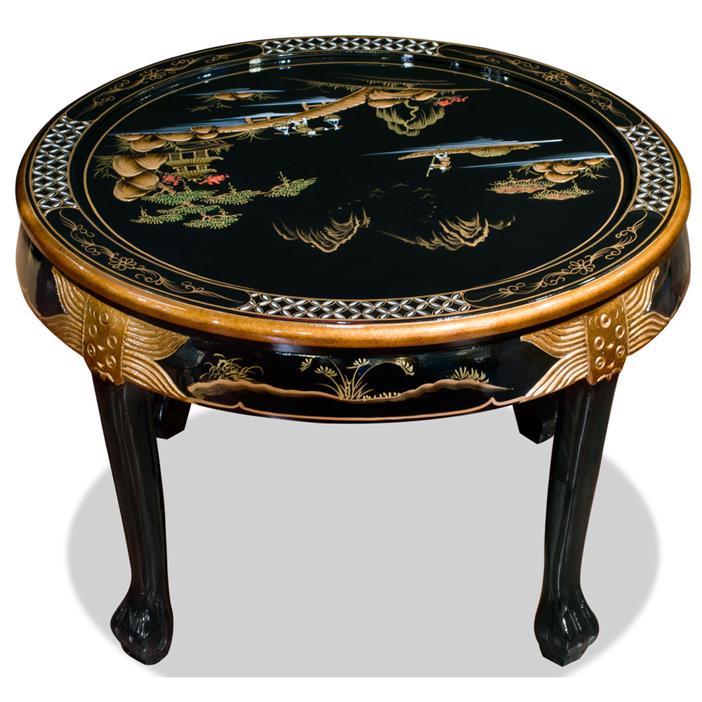 Black Lacquer Chinoiserie Round Asian Coffee Table Set