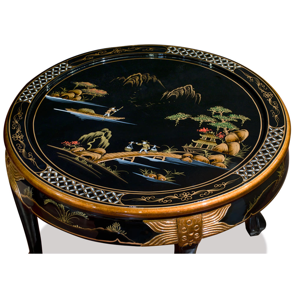 Black Lacquer Chinoiserie Round Asian Coffee Table Set