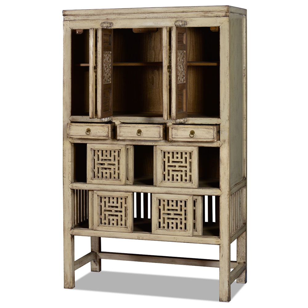 Patina Beige Elmwood Chinese Lattice Kitchen Cabinet