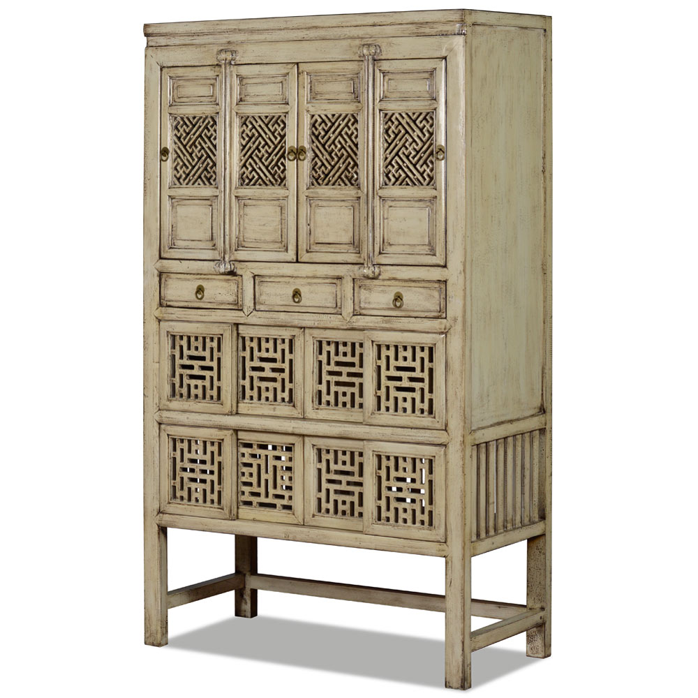 Patina Beige Elmwood Chinese Lattice Kitchen Cabinet