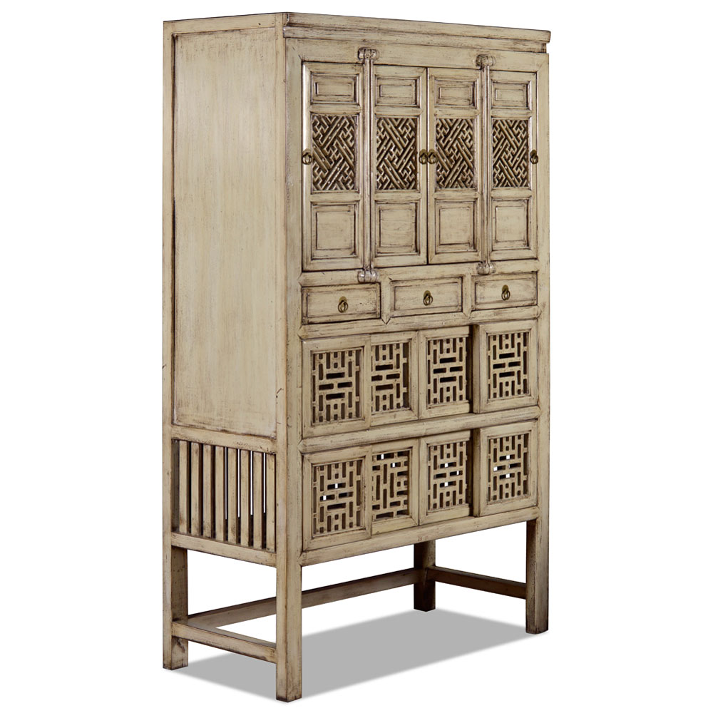 Patina Beige Elmwood Chinese Lattice Kitchen Cabinet