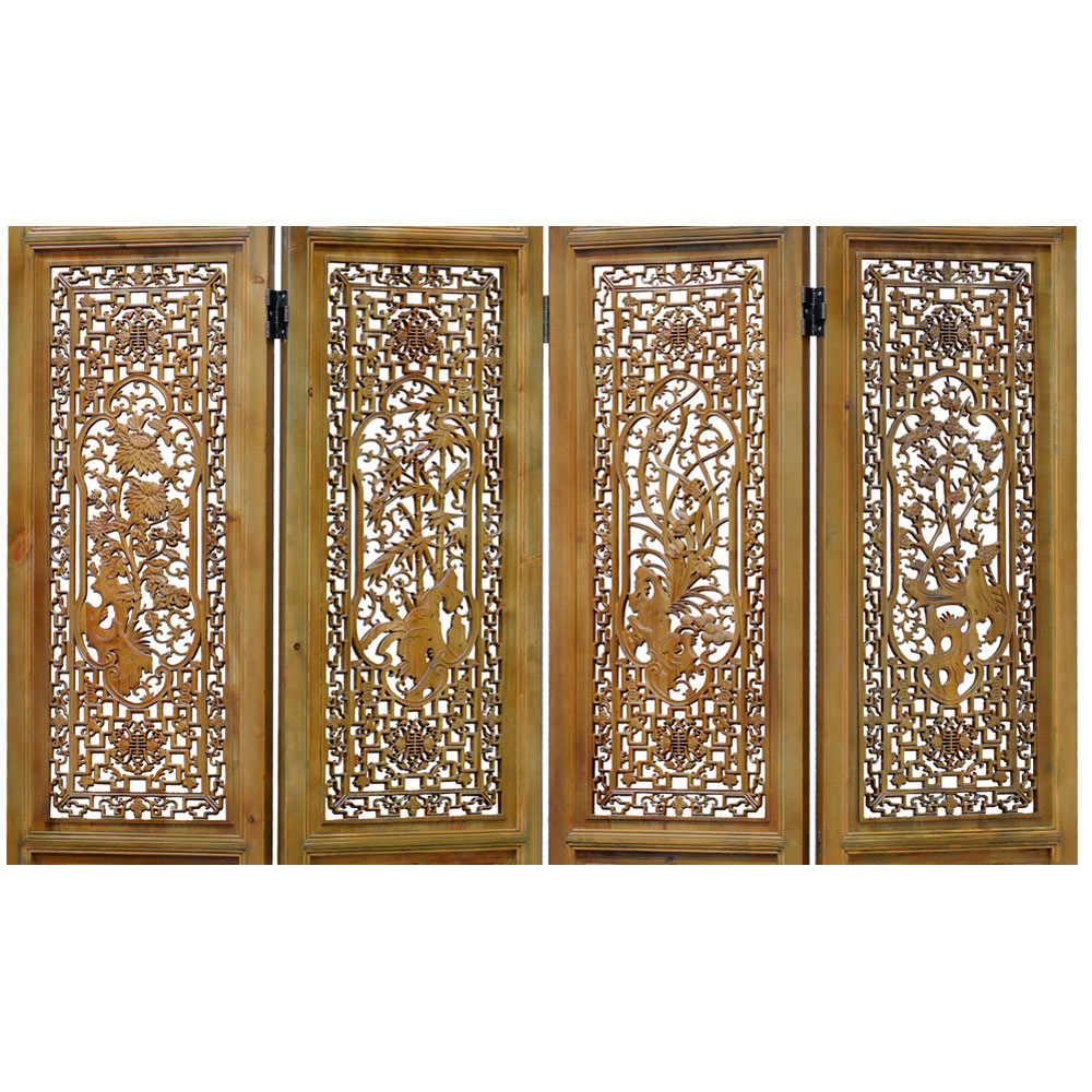 Grand Cedar Wood Four Season Motif Intaglio Oriental Floor Screen