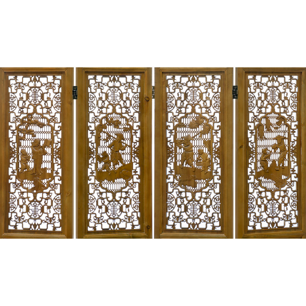 Grand Cedar Wood Village Scene Intaglio Oriental Floor Screen