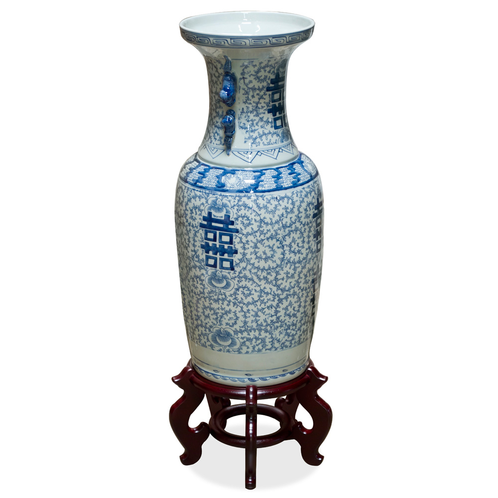 Blue and White Vintage Qing Double Happiness Chinese Vase