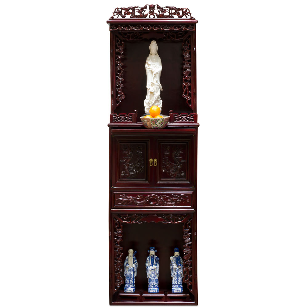 Dark Cherry Rosewood Dragon Motif 3-Level Chinese Altar Cabinet