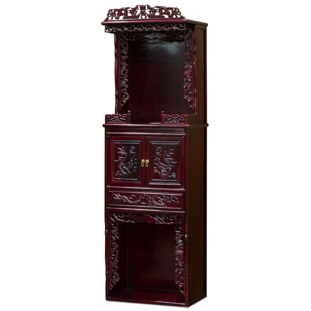 Dark Cherry Rosewood Dragon Motif 3-Level Chinese Altar Cabinet