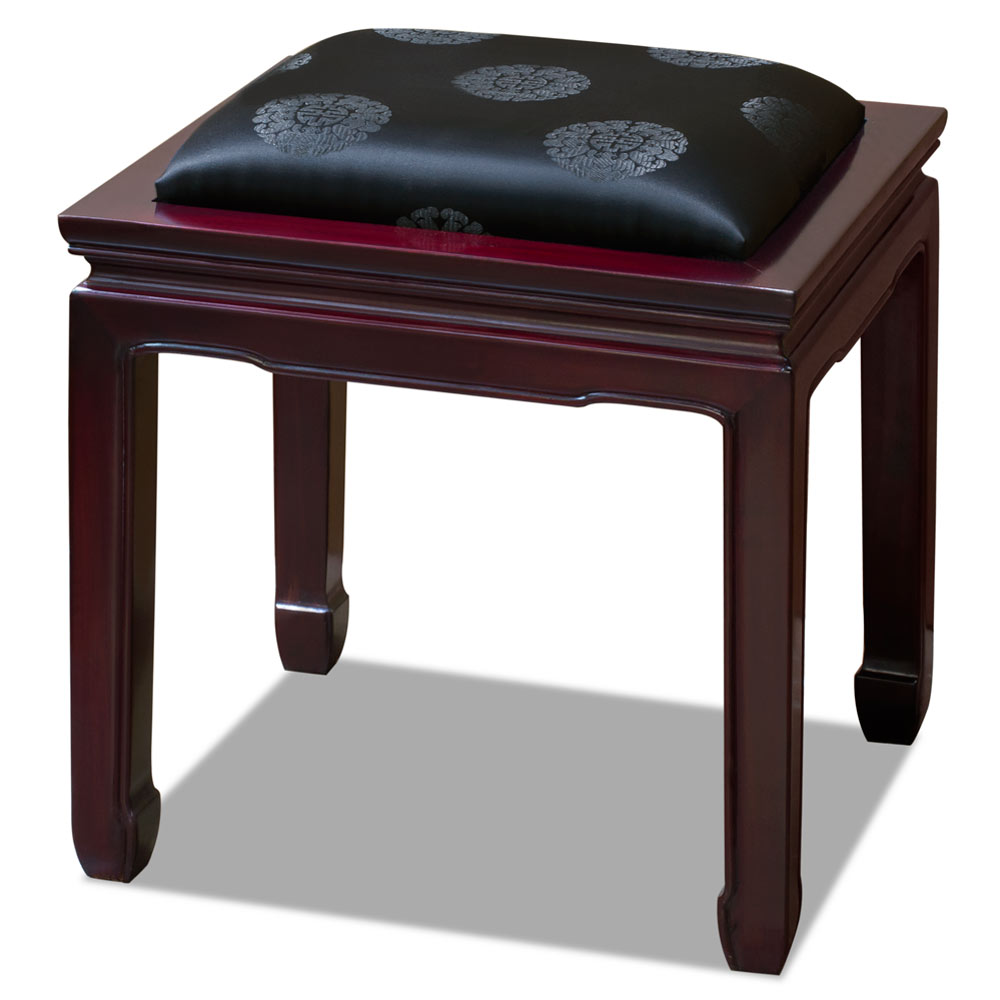 Dark Cherry Rosewood Chinese Ming Stool with Black Silk Cushion