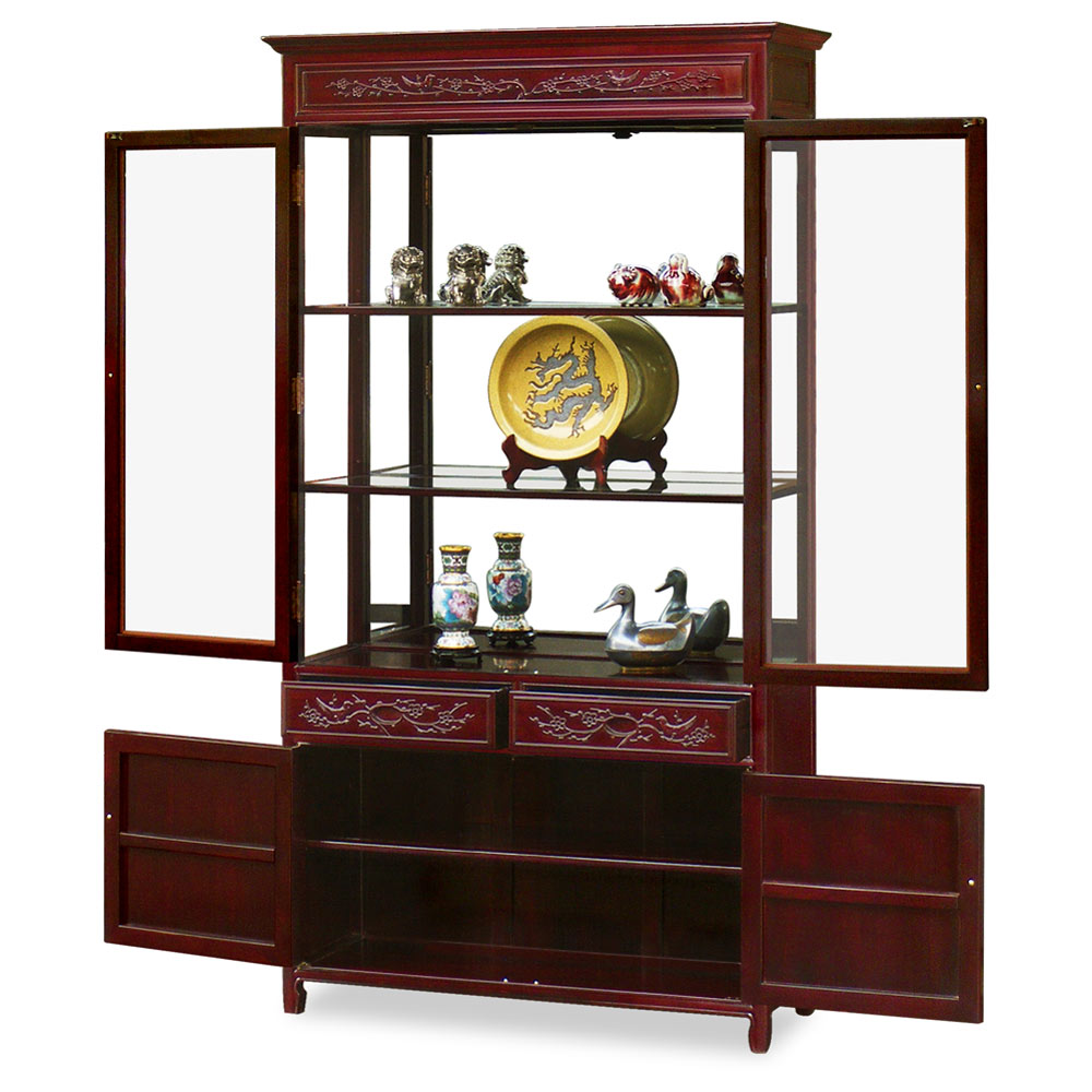 Dark Cherry Rosewood Flower and Bird Design Oriental China Cabinet