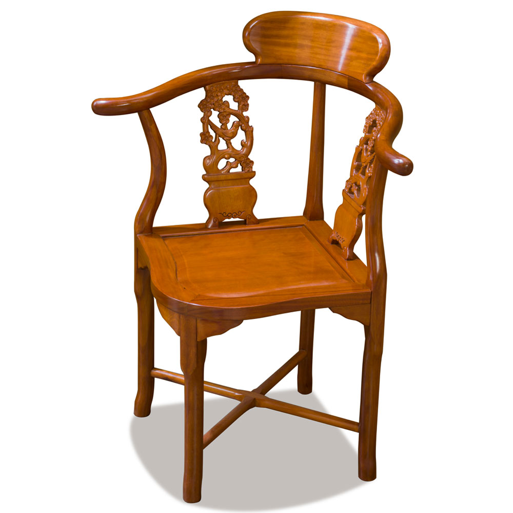 Natural Finish Rosewood Flower and Bird Oriental Corner Chair