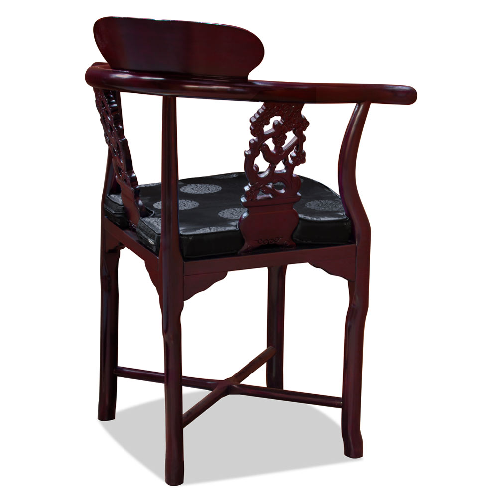 Dark Cherry Rosewood Flower & Bird Design Oriental Corner Chair