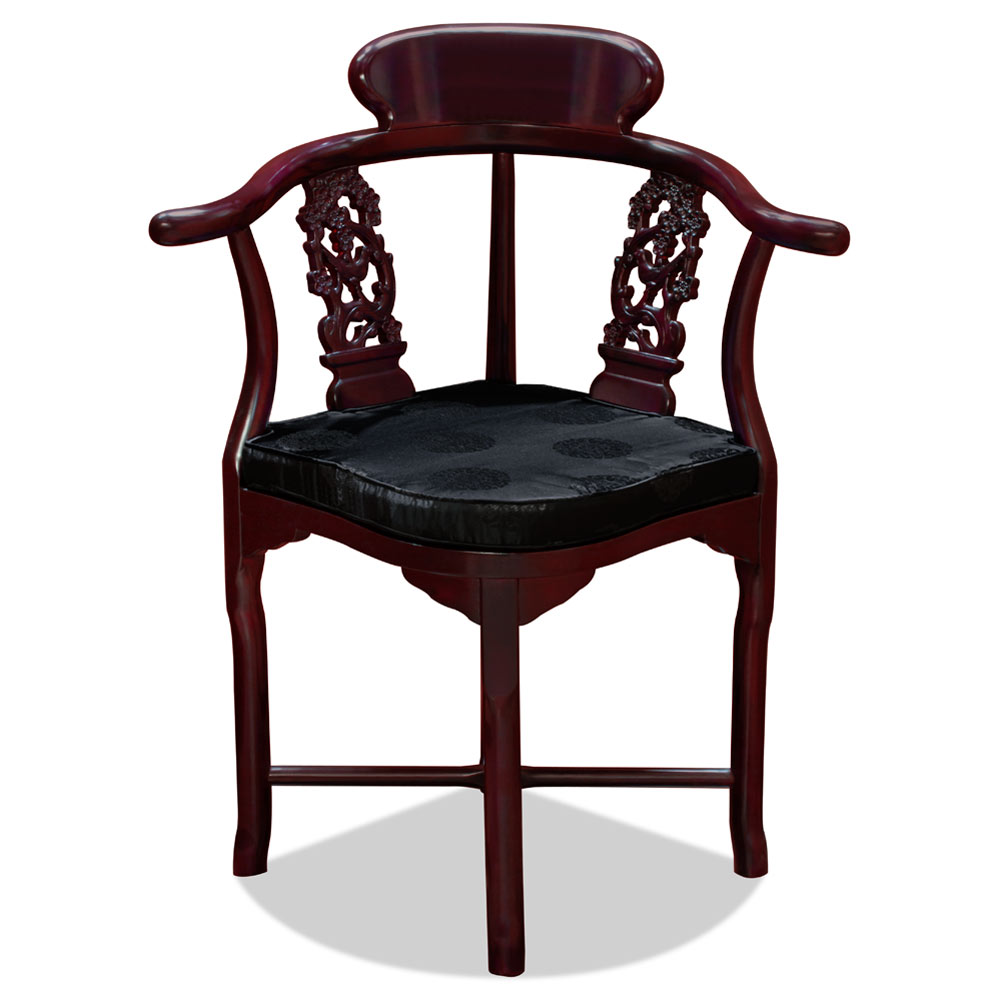 Dark Cherry Rosewood Flower & Bird Design Oriental Corner Chair