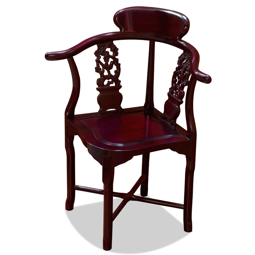 Dark Cherry Rosewood Flower & Bird Design Oriental Corner Chair