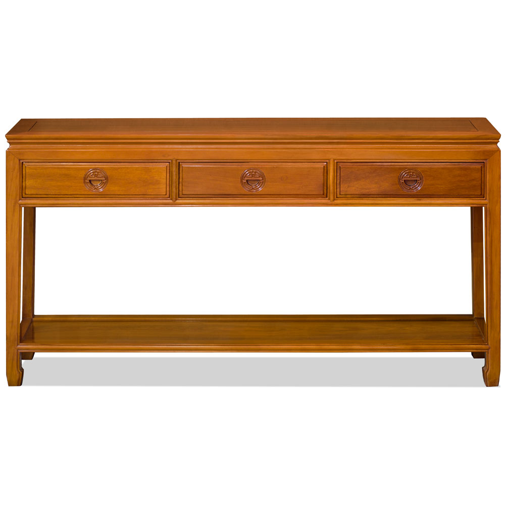 Natural Finish Rosewood Longevity Console Table with Bottom Shelf