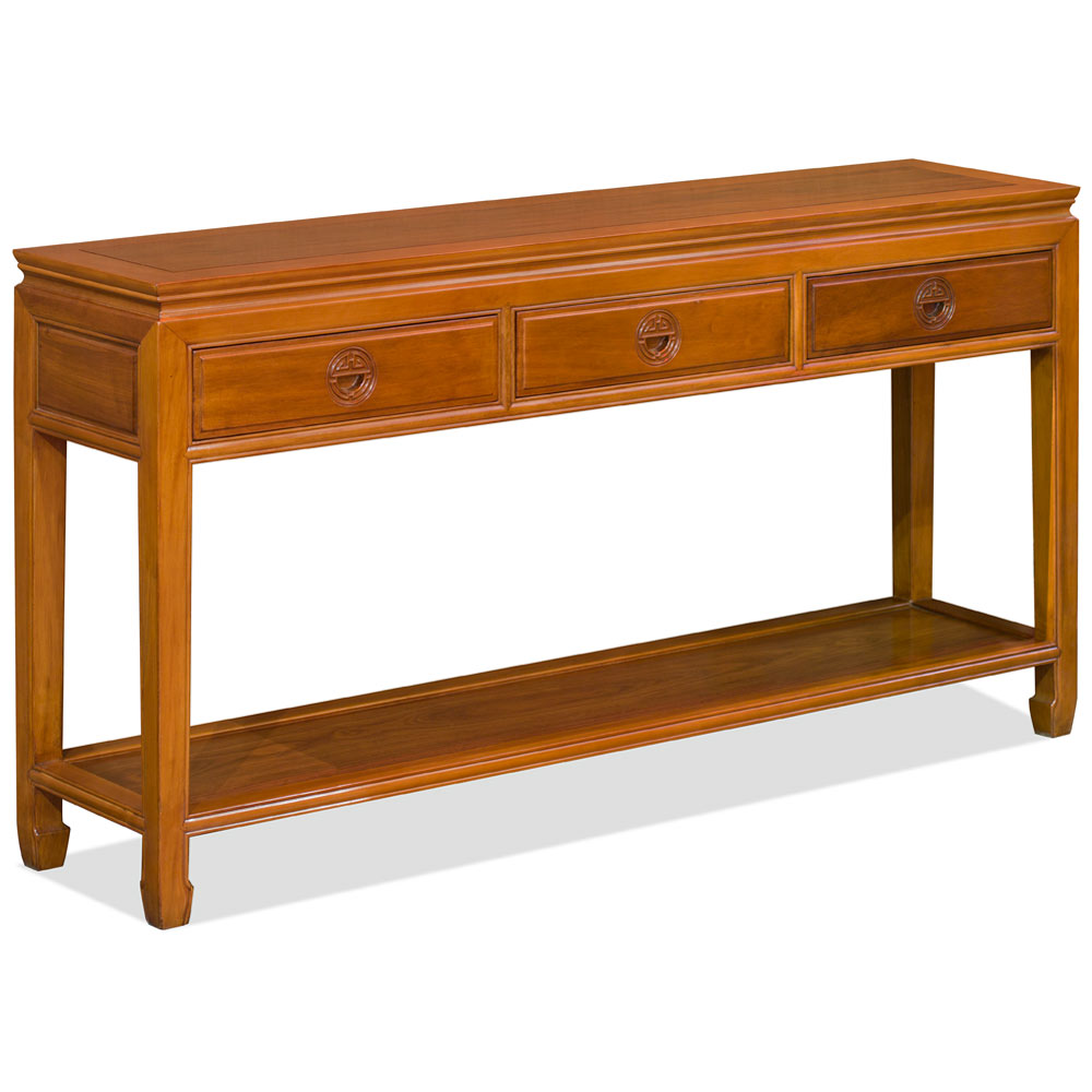 Natural Finish Rosewood Longevity Console Table with Bottom Shelf