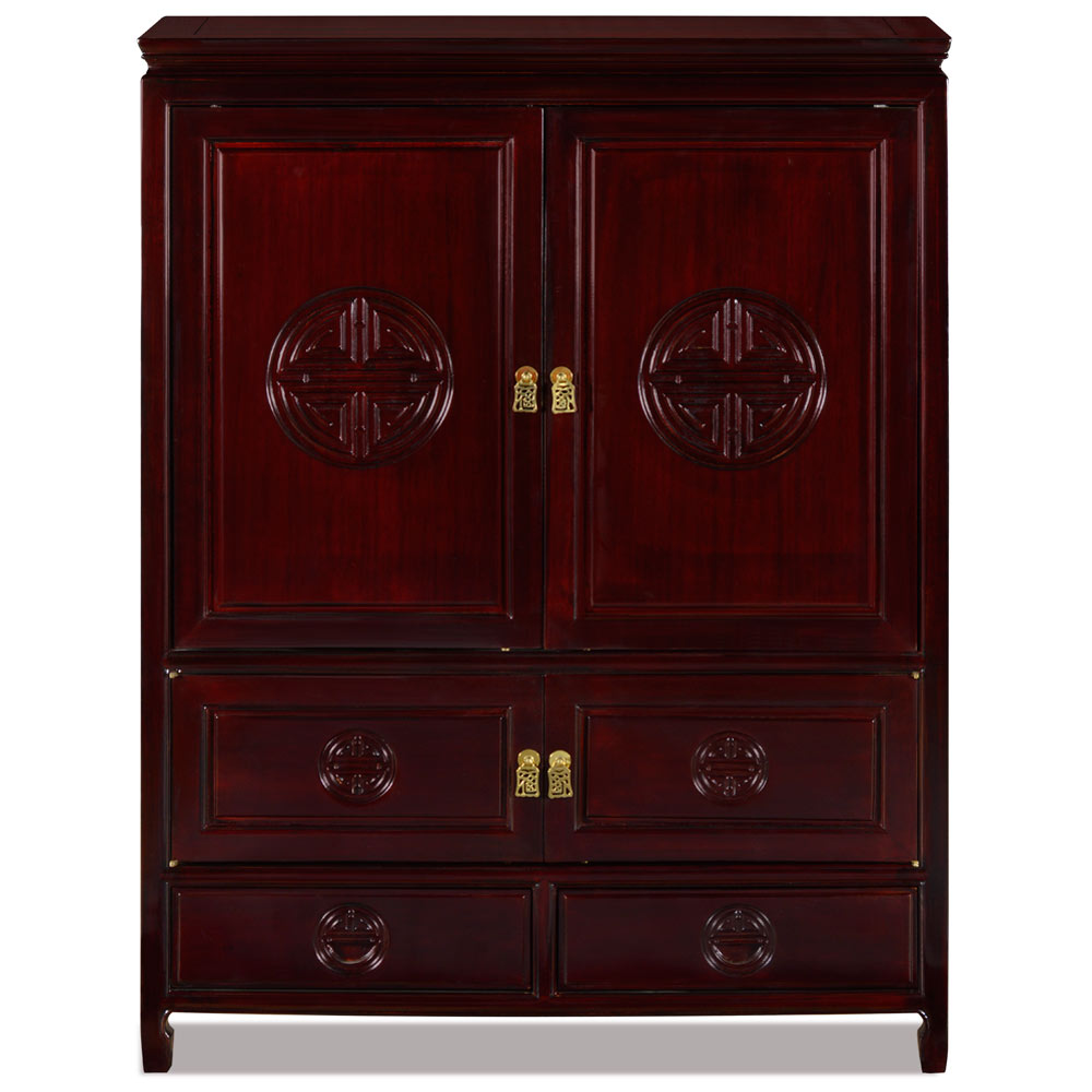 Dark Cherry Rosewood Longevity Motif Asian TV Armoire