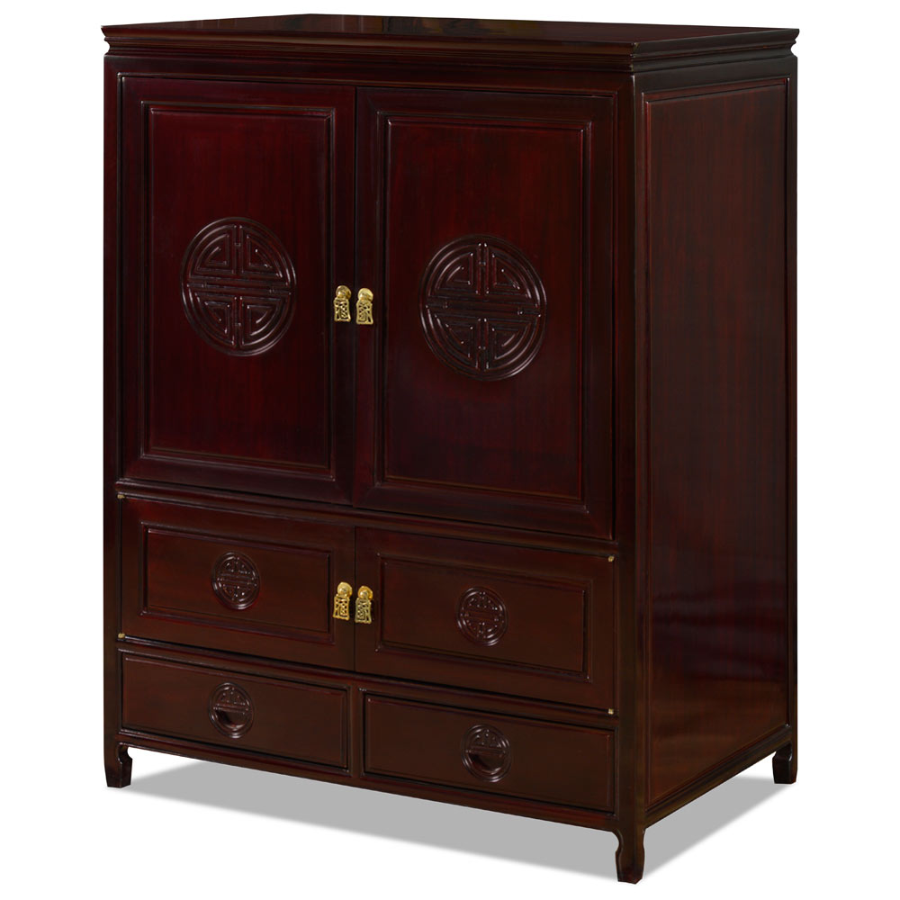 Dark Cherry Rosewood Longevity Motif Asian TV Armoire