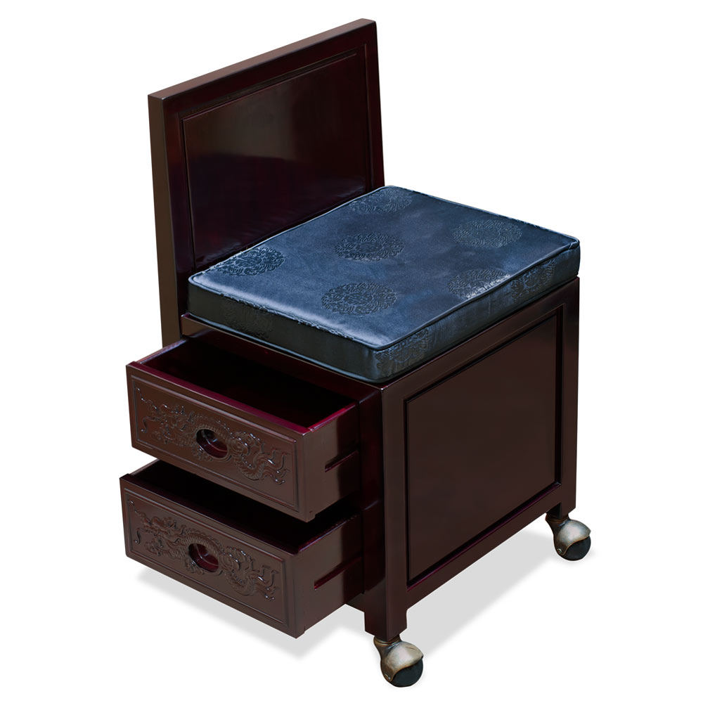 Dark Cherry Rosewood Prosperity Dragon Design Asian Secretaire with Chair