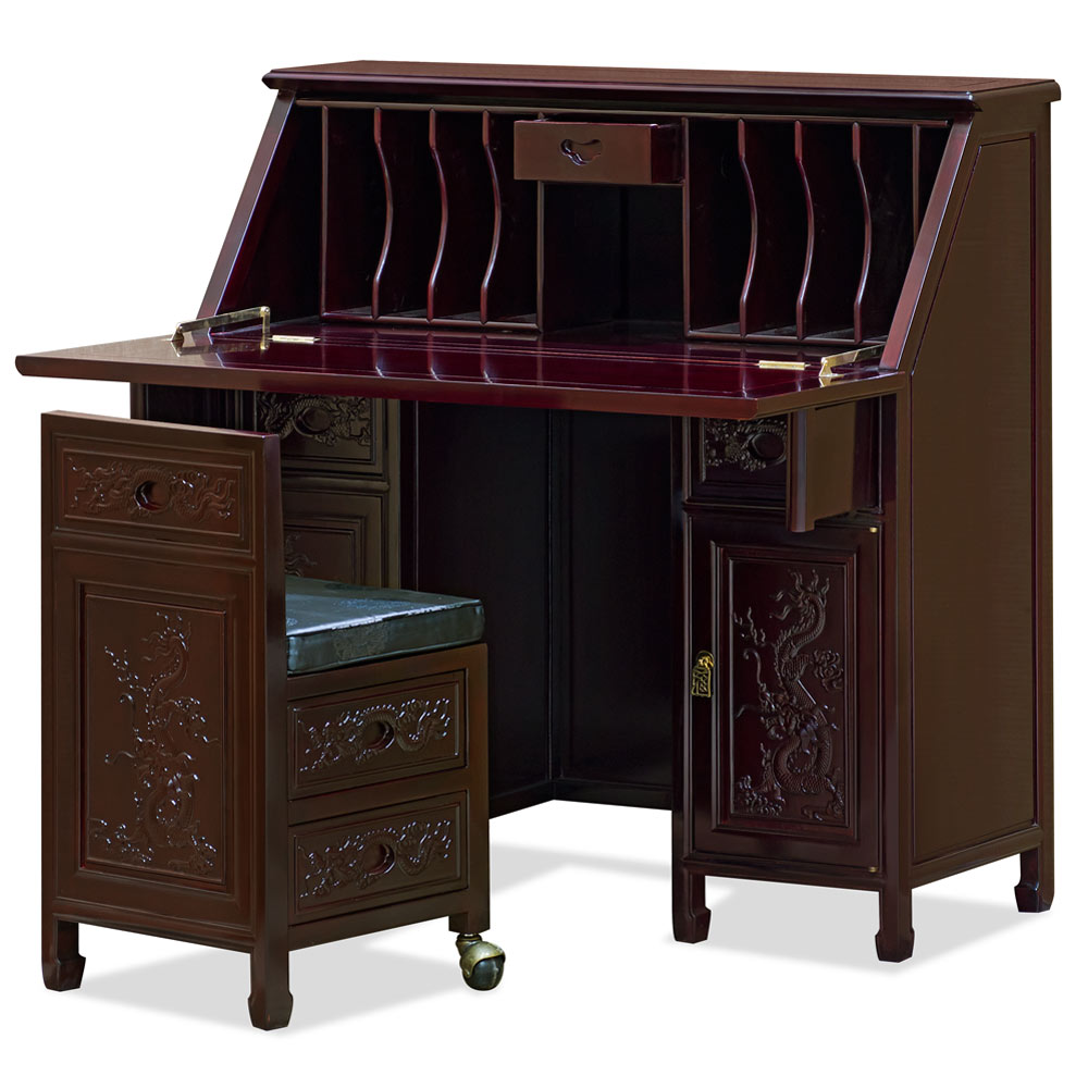 Dark Cherry Rosewood Prosperity Dragon Design Asian Secretaire with Chair