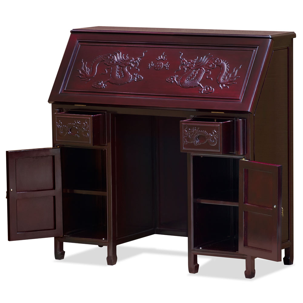 Dark Cherry Rosewood Prosperity Dragon Design Asian Secretaire with Chair