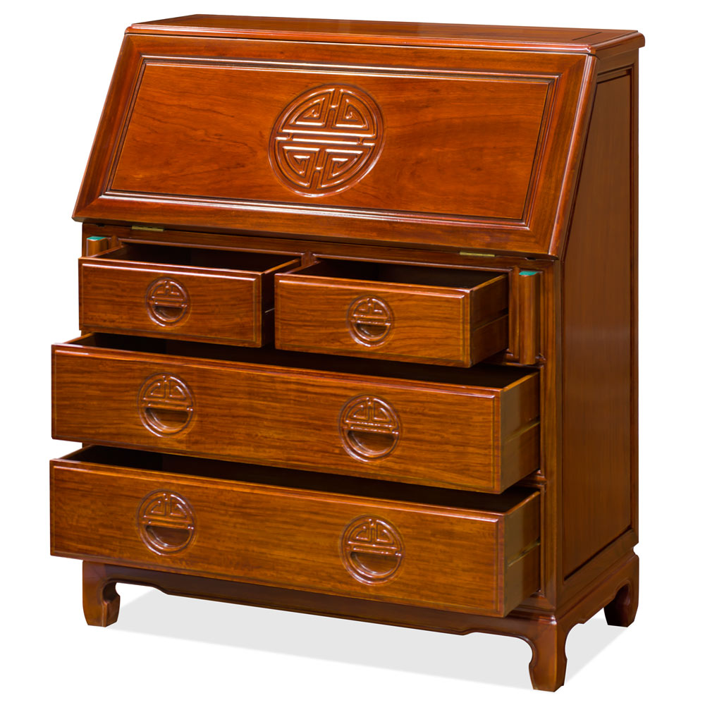 Natural Finish Rosewood Longevity Design Oriental Secretaire Desk