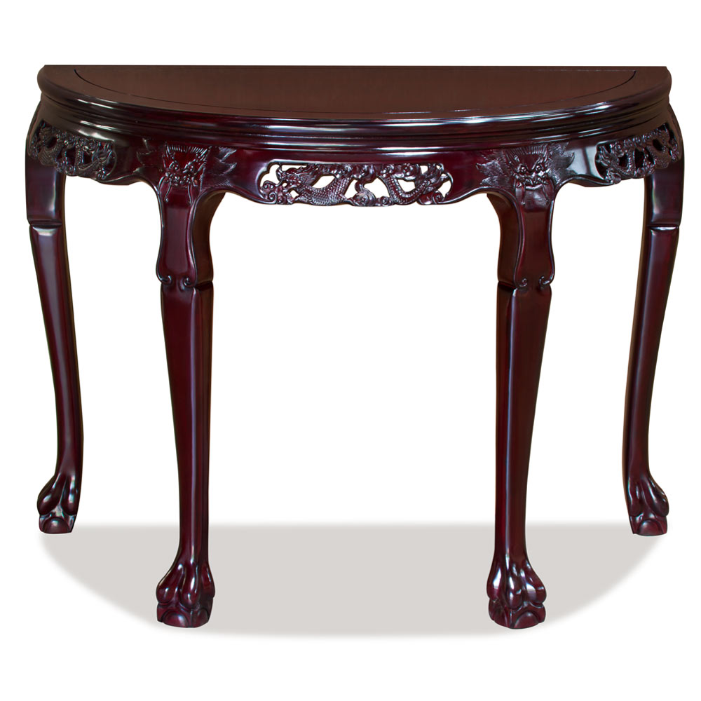 Cherry Rosewood Dragon Motif Half Moon Oriental Table