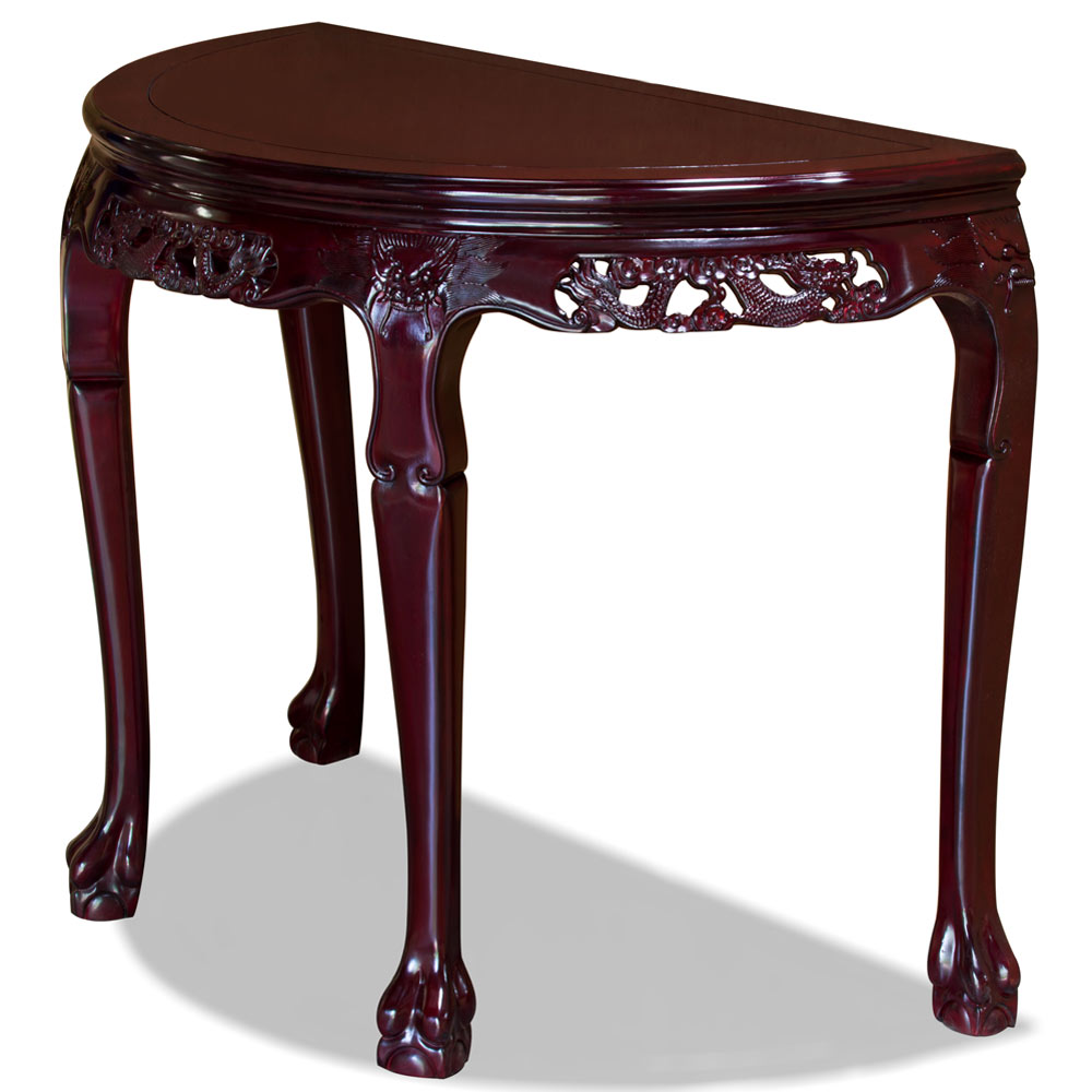 Cherry Rosewood Dragon Motif Half Moon Oriental Table