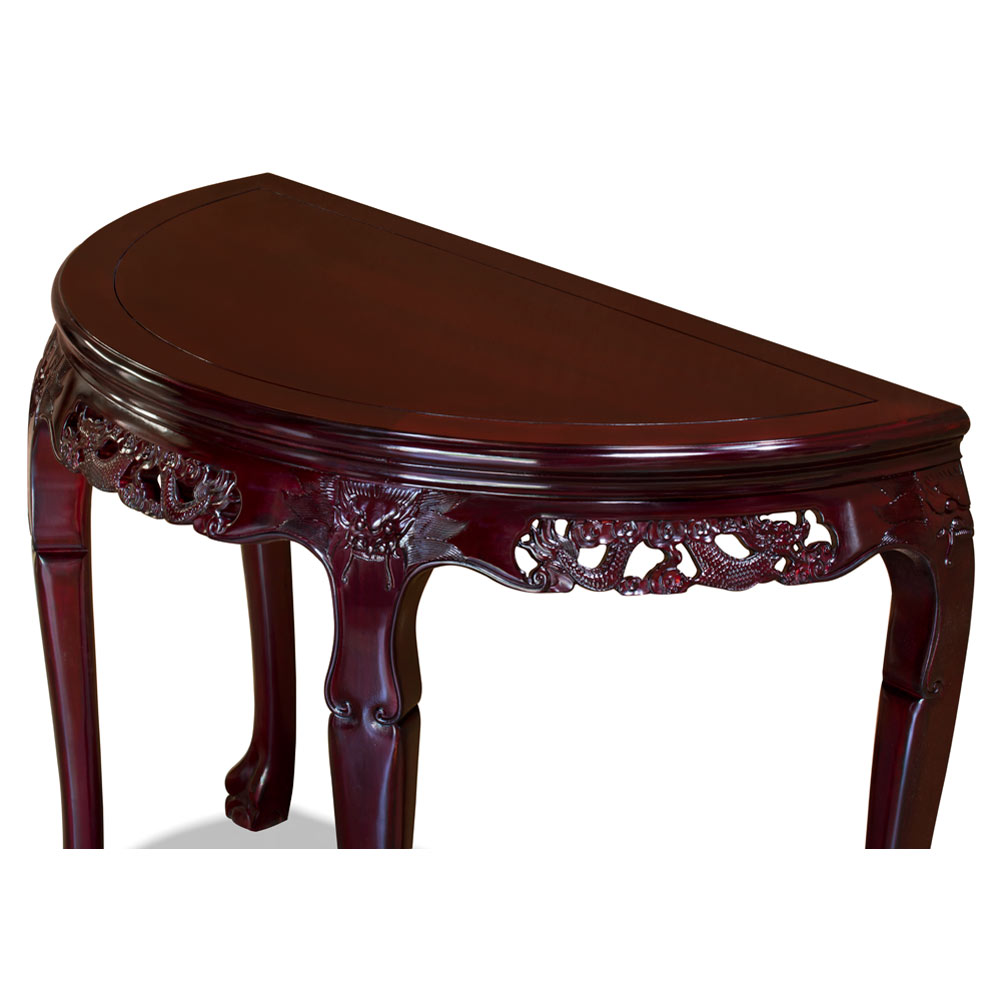 Cherry Rosewood Dragon Motif Half Moon Oriental Table