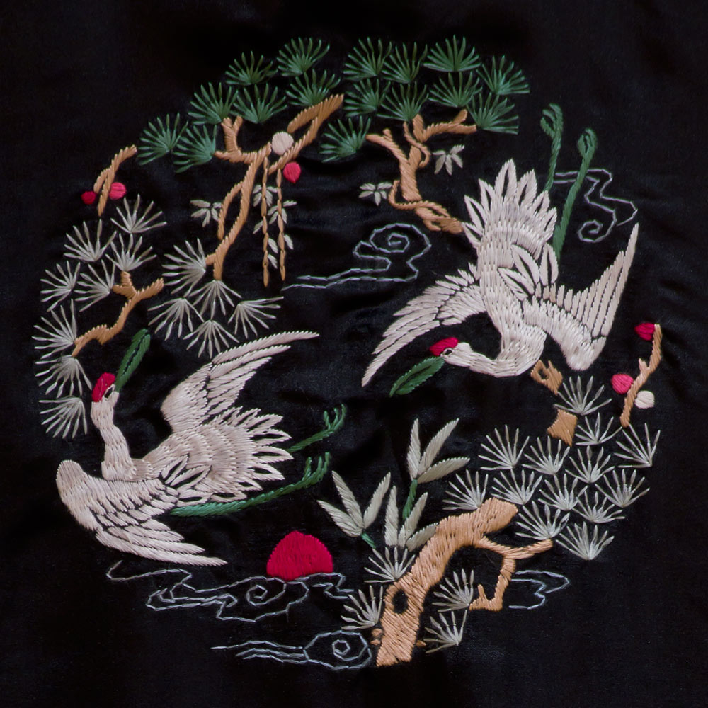 Black Chinese Silk Robe with Crane Motif