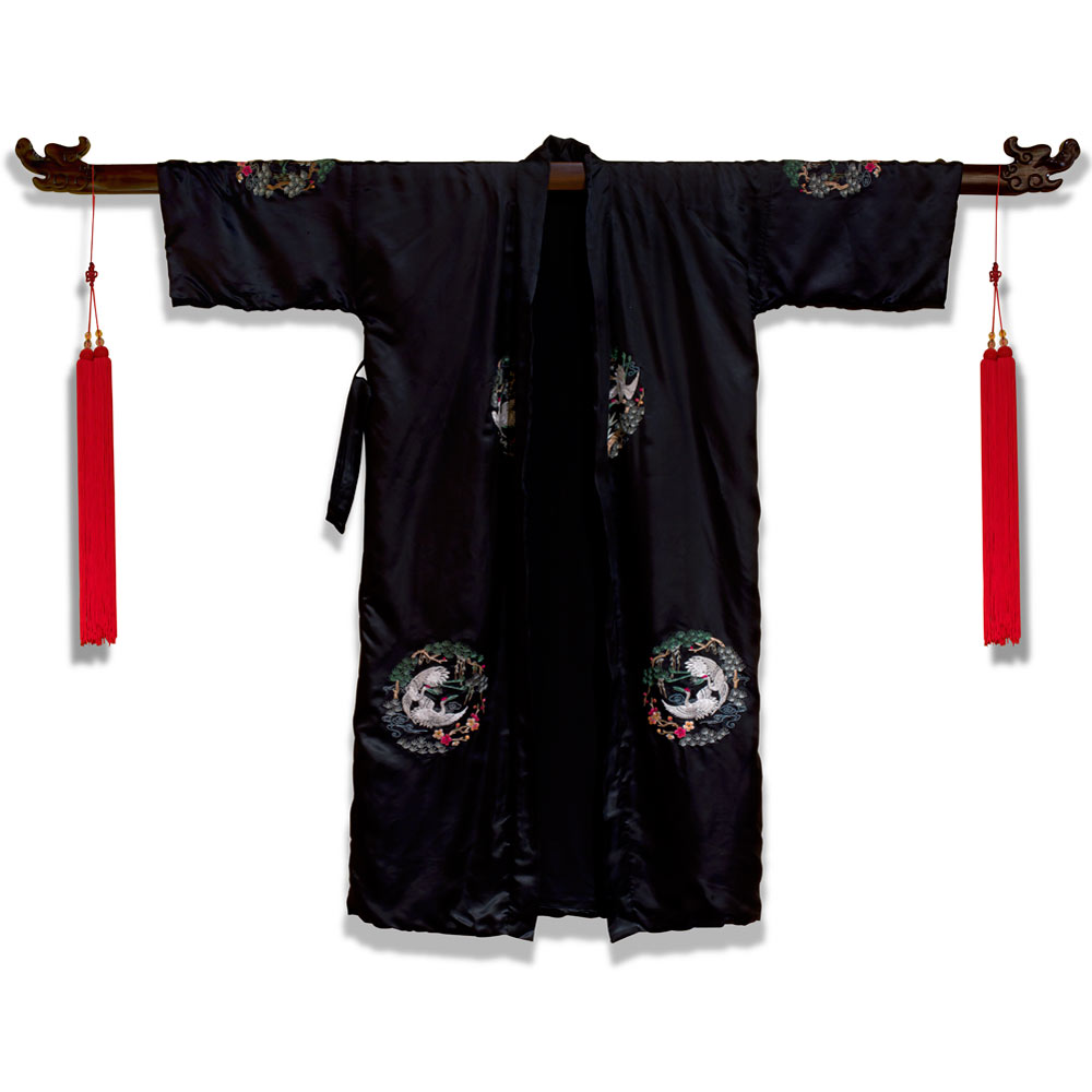 Black Chinese Silk Robe with Crane Motif