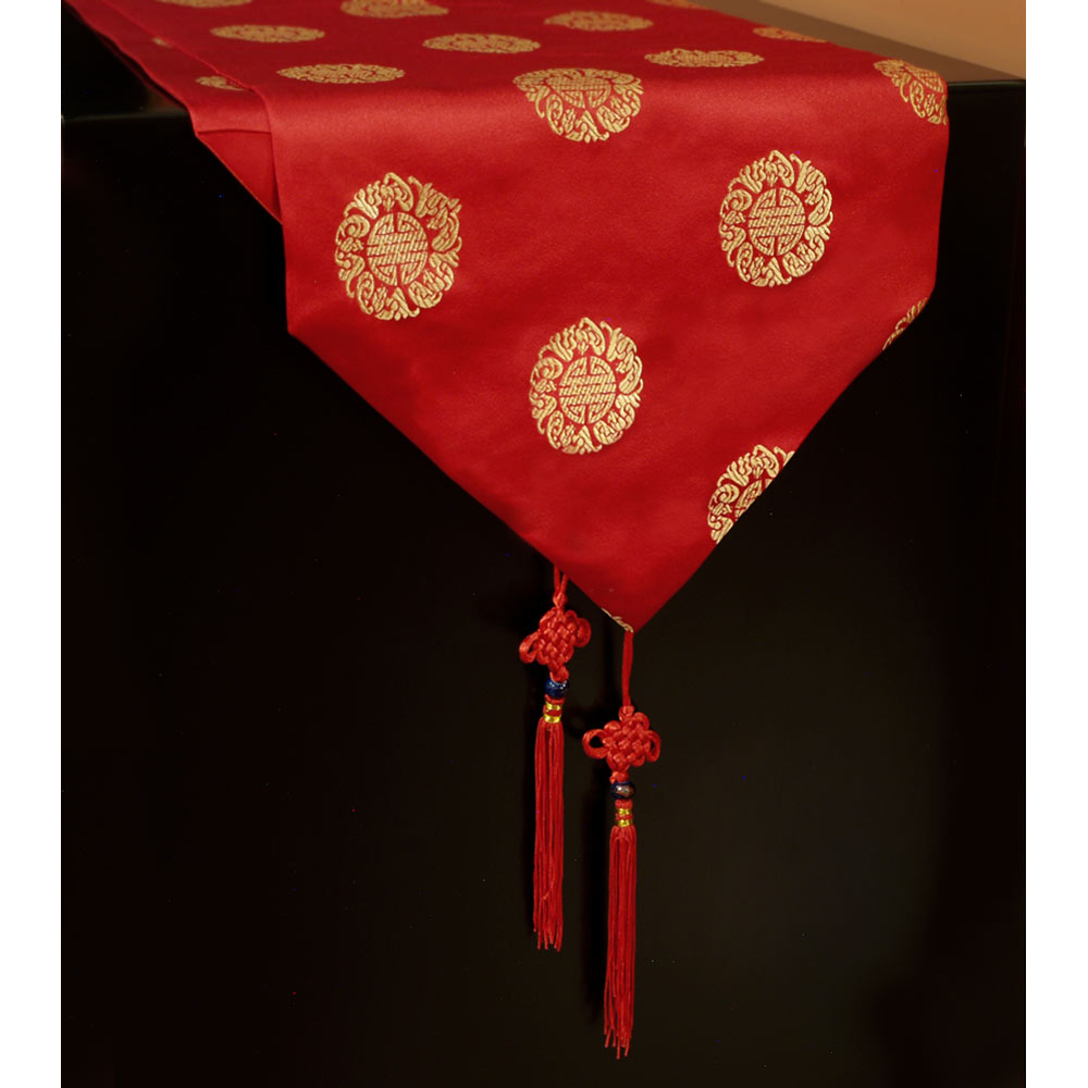 110 Inch Red Silk Chinese Longevity Table Runner