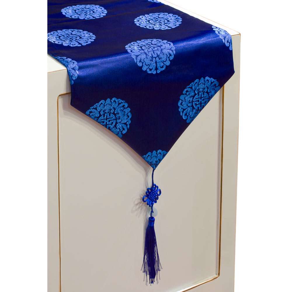 50 Inch Blue Silk Chinese Longevity Motif Table Runner