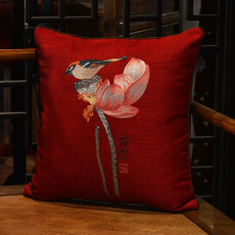 Red Chinese Linen Bird and Lotus Flower Embroidered Pillow