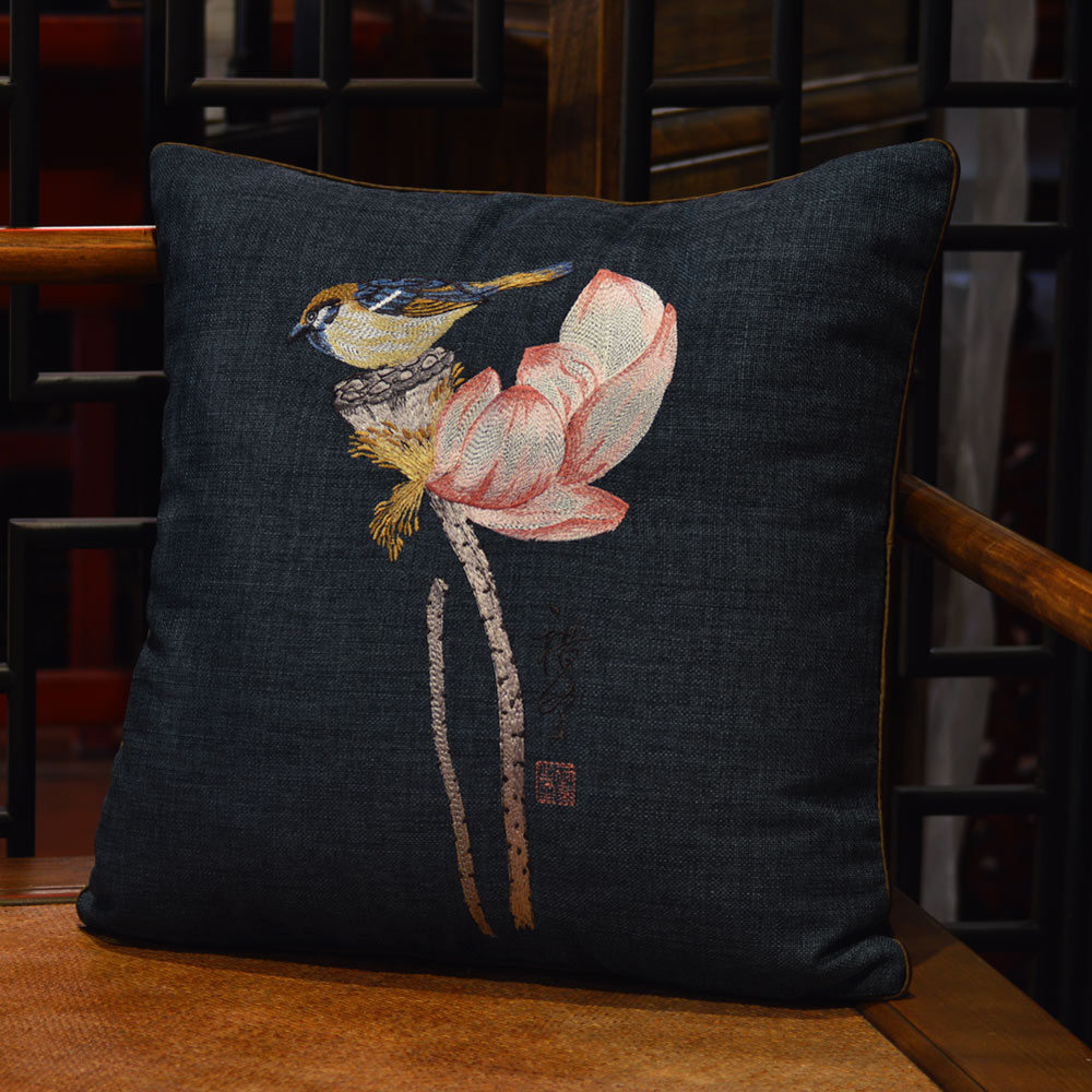 Navy Blue Chinese Linen Bird and Lotus Flower Embroidered Pillow