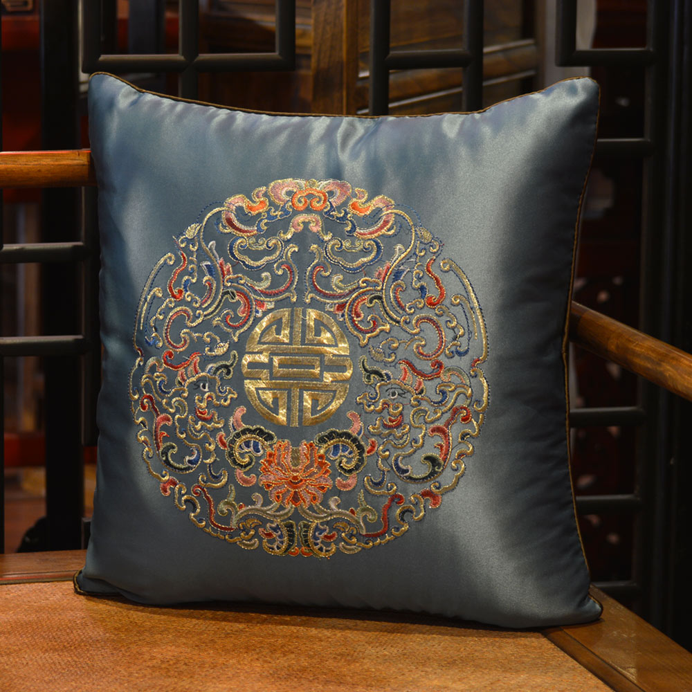 Light Blue Chinese Silk Longevity Pillow