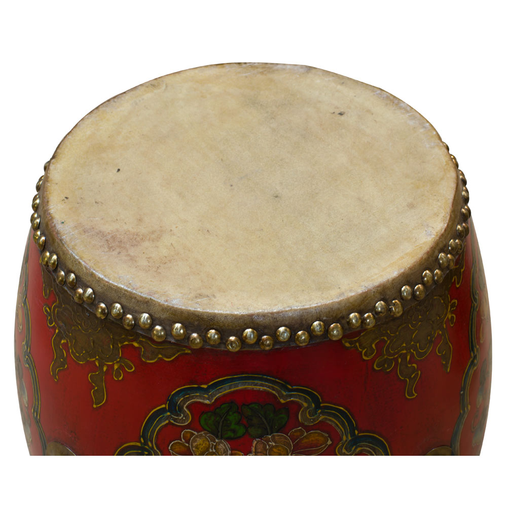 Tibetan Ceremonial Drum with Hand Painted Floral Art