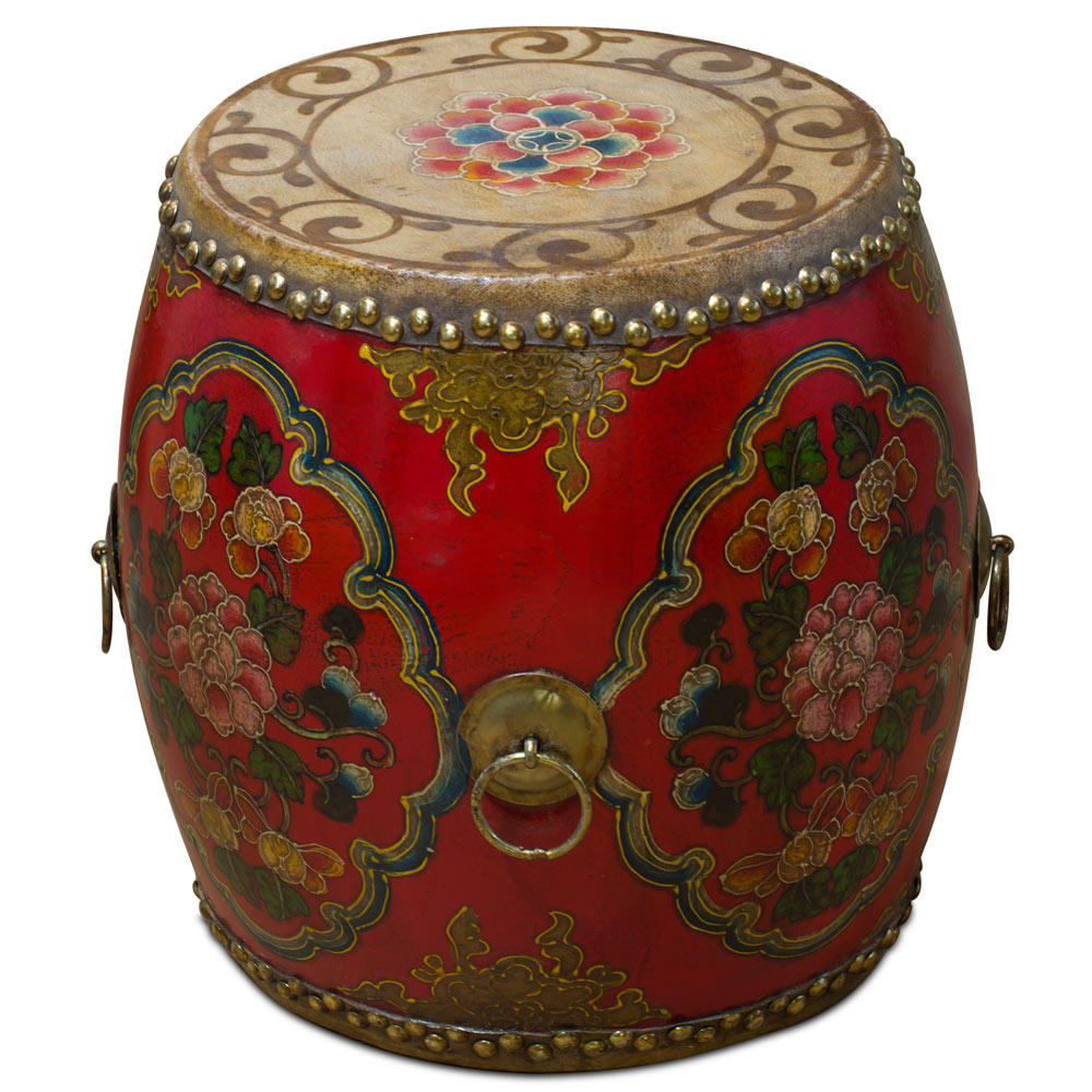 Tibetan Ceremonial Drum with Hand Painted Floral Art