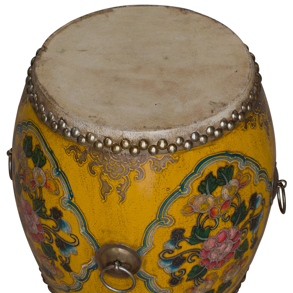 Yellow Tibetan Ceremonial Drum with Hand Painted Floral Art