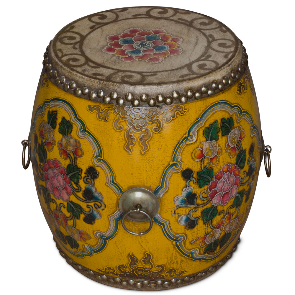 Yellow Tibetan Ceremonial Drum with Hand Painted Floral Art