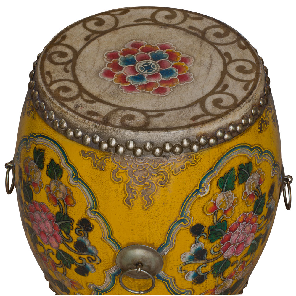 Yellow Tibetan Ceremonial Drum with Hand Painted Floral Art