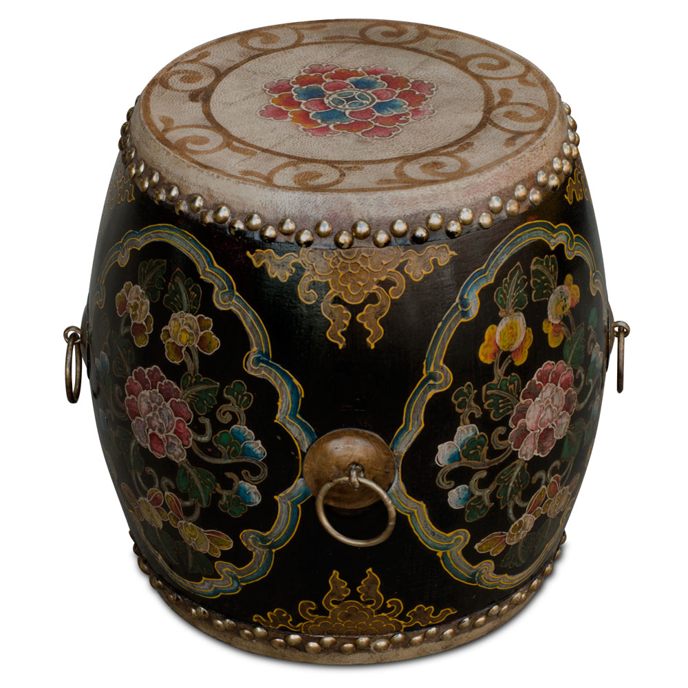 Black Floral Ceremonial Tibetan Drum