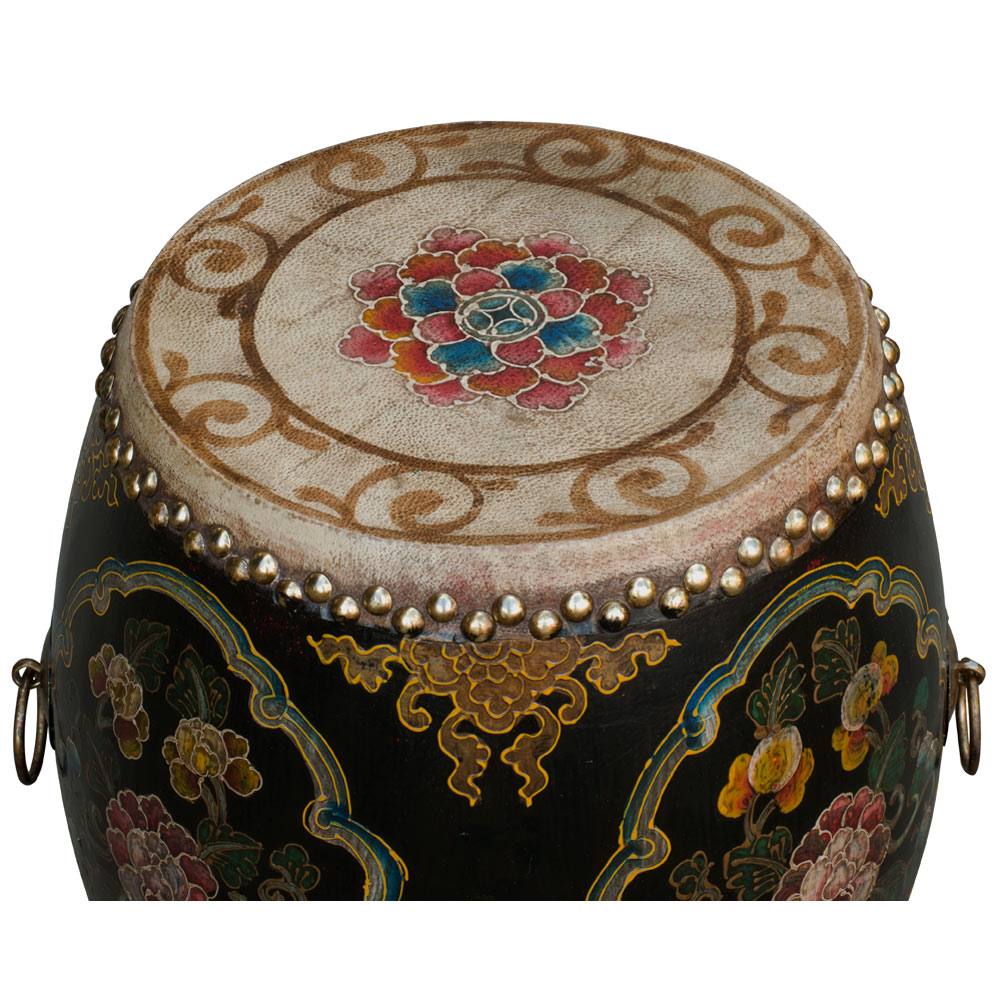 Black Floral Ceremonial Tibetan Drum