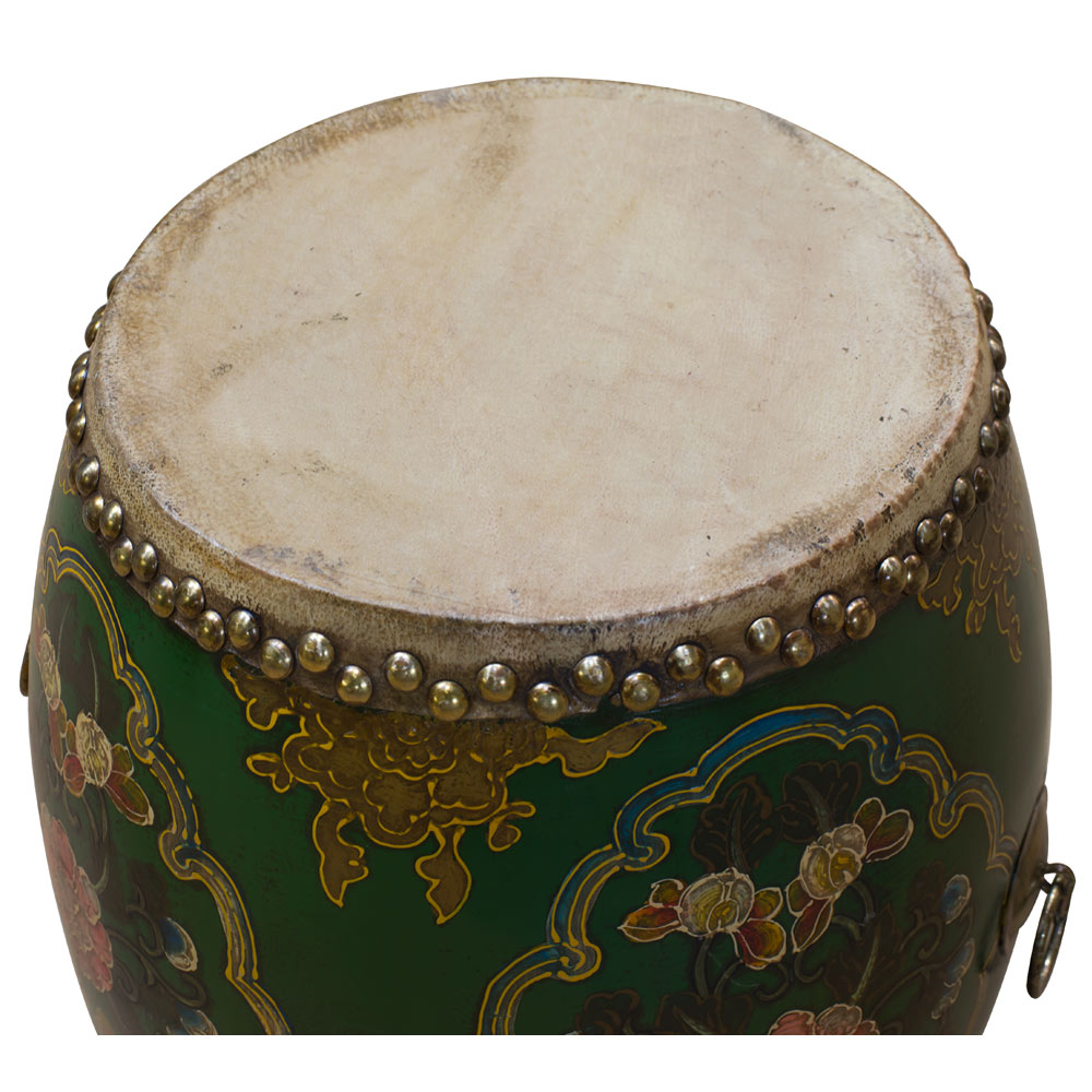 Green Tibetan Ceremonial Drum with Hand Painted Floral Art